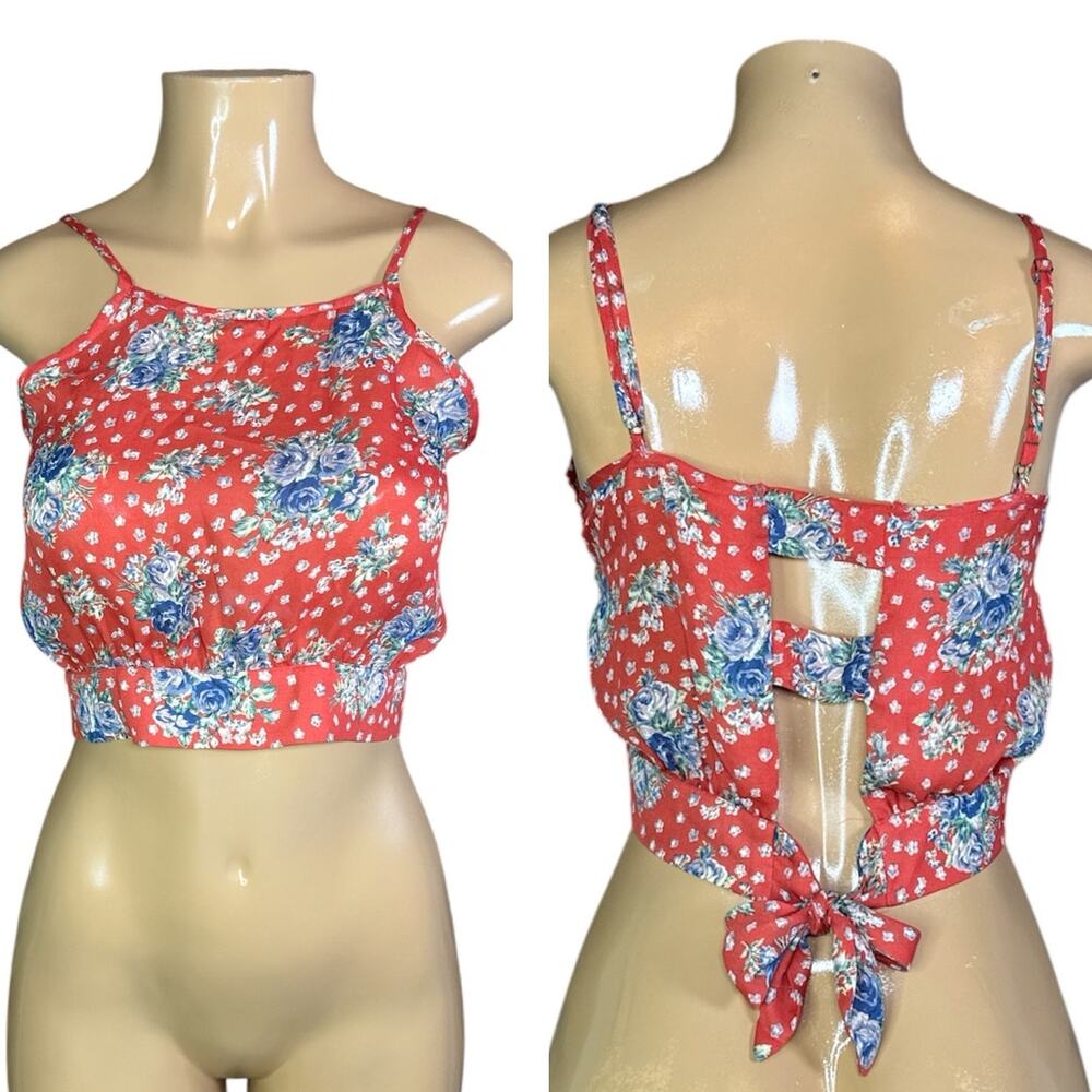 Cotton Candy Orange Floral Crop Tank Top Tie Back Size Small